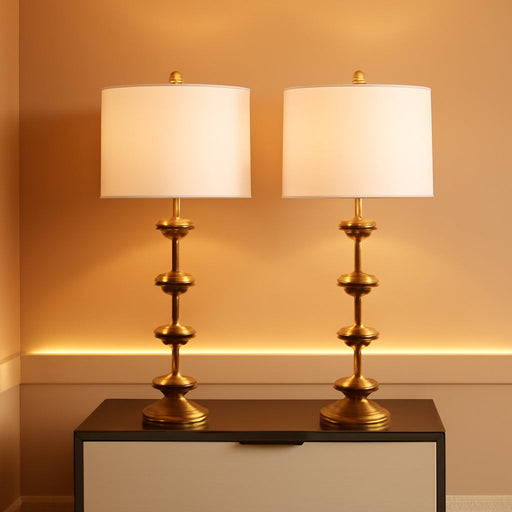Lighting Collection – Set of 2 Lani Antique Gold Leaf 32-Inch Table Lamps, White Drum Shade, LED Bulbs Included, Bedroom Living Room Home Office (TBL4016A-SET2)