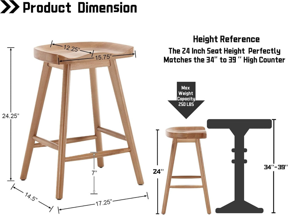 Backless Counter Height Bar Stools Set of 2, 24’’ Rustic Farmhouse Wooden Saddle Stools Ergonomic-Seat Bar Chairs, Bar Height Barstools for Kitchen Counter Island, Brown