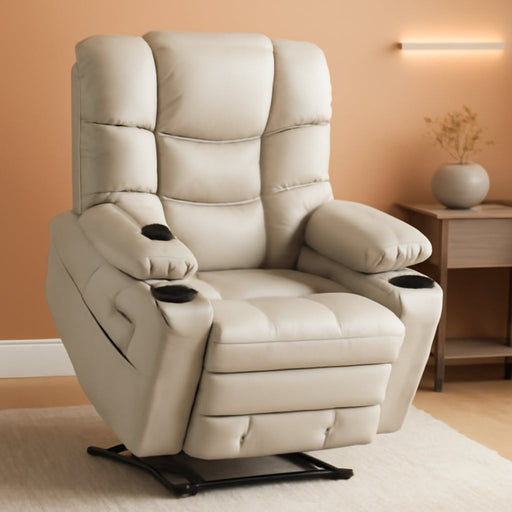 Dual Motor Power Lift Recliner Chair with Massage and Dual Heating, Adjustable Headrest for Big and Tall Elderly People, Faux Leather 7634 (Light Grey, Large-Regular)