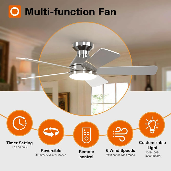 Ceiling Fans with Lights, 42 Inch Low Profile Ceiling Fan with Light and Remote Control, Flush Mount, Reversible, 3CCT, Dimmable, Quiet, Nickel Small Ceiling Fan for Bedroom Indoor/Outdoor Use