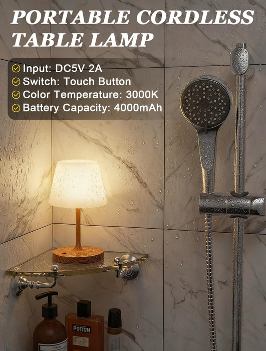 Cordless Shower Lamp Waterproof, Cordless Lamp with 4000Mah Battery, Rechargeable Table Lamp, Touch Dimmable Desk Light for Outdoor, Kitchen, Bathroom, Camping, Patio, IP54