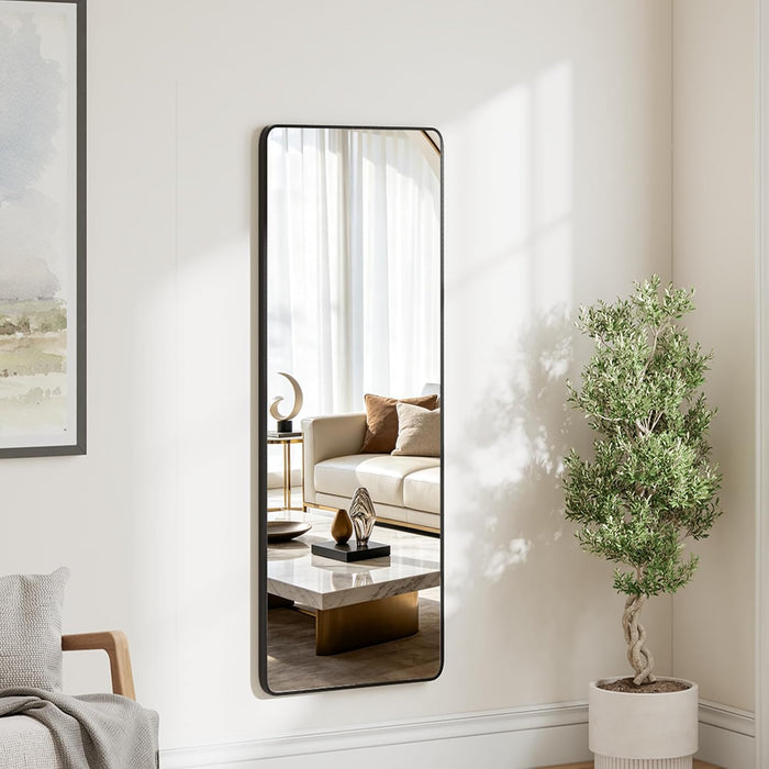 57"X21" Rectangle Full Length Mirror, Black Aluminum Frame Floor Mirror with Stand, HD Shatterproof Glass & Rust-Proof Body Mirror for Bedroom, Living Room, Bathroom, Entryway