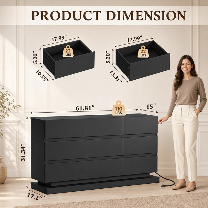 9 Drawer Dresser with LED Light, Dresser with Charging Station