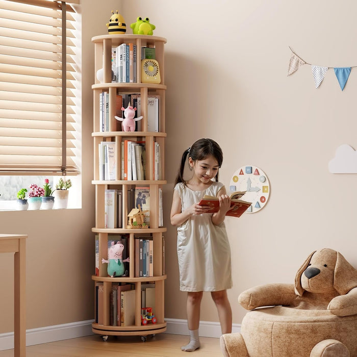 6 Tier Solid Wood Rotating Bookshelf Tower on Wheels, Natural
