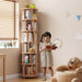 6 Tier Solid Wood Rotating Bookshelf Tower on Wheels, Natural