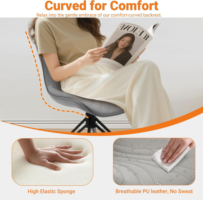 Dining Chairs Set of 2, 360° Swivel Upholstered Mid-Century Modern Kitchen Dining Room Chairs, Armless Faux Leather Accent Side Chair with Padded Back, Metal Legs for Living Room Bedrooms,Grey