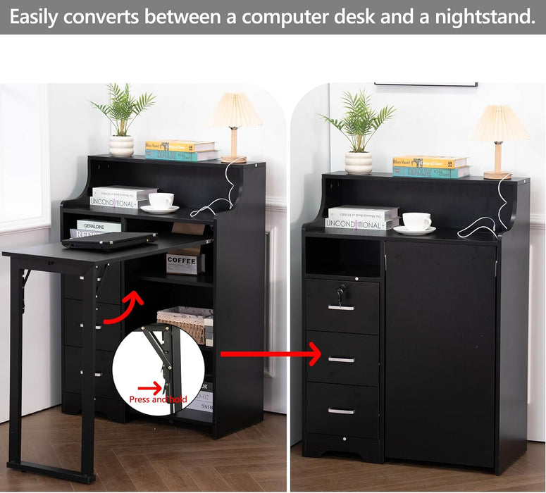 Fold Out Desk,Folding Desk with Storage,Lockable Drawers & Shelves, Built-In Power Outlet,Hidden Desk for Study and Home Office