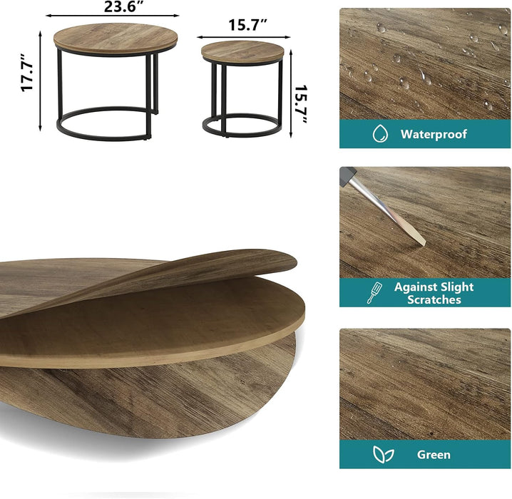 Nesting Coffee Table Set of 2, 23.6" round Coffee Table Wood Grain Top with Adjustable Non-Slip Feet, Industrial End Table Side Tables for Living Room Bedroom Balcony Yard