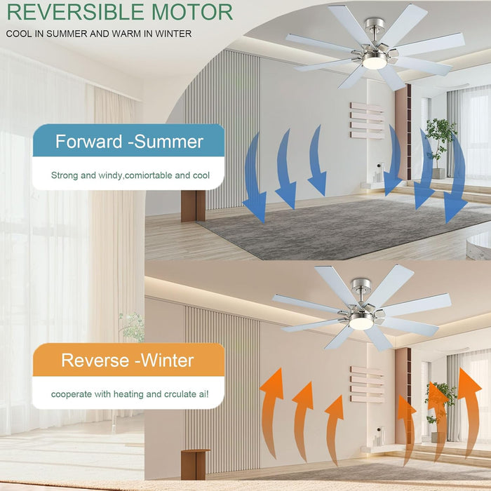 Nickel 48 Inch Ceiling Fans with Lights and Remote/App Control, Low Profile Ceiling Fan, 8 Blades，Led Dimmable, Reversible DC Motor, Noiseless, Ceiling Fan for Bedroom Indoor/Outdoor Use