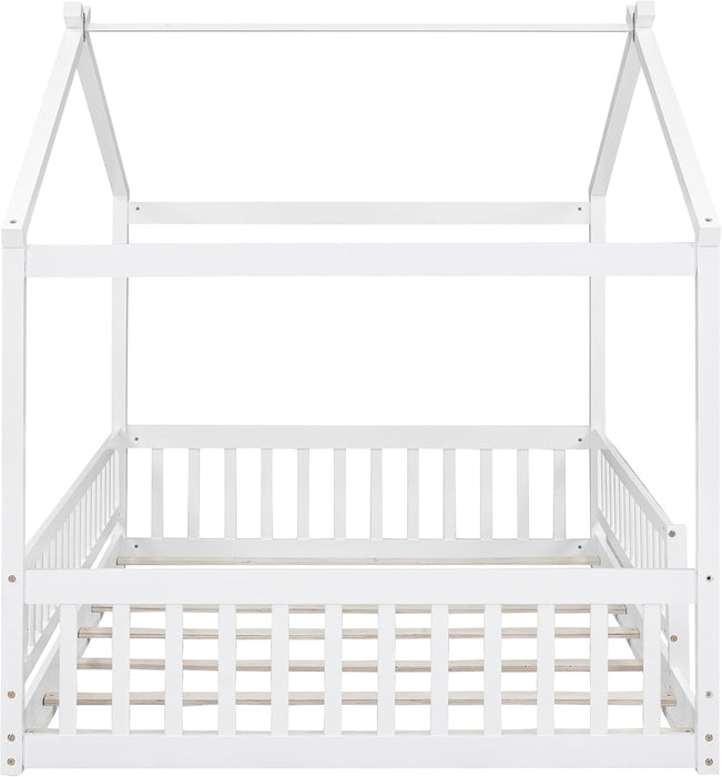 Full Size White Montessori Wooden House BedframeWithRails
