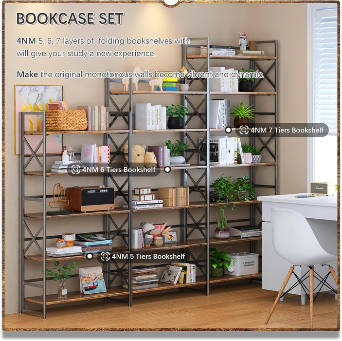 7 Tiers No Assembly Book Shelves, 72.4" H Folding Bookshelf Bookcase Open Industrial Foldable Shelves for Bedroom, Living Room, Home Office - Rustic Brown Black
