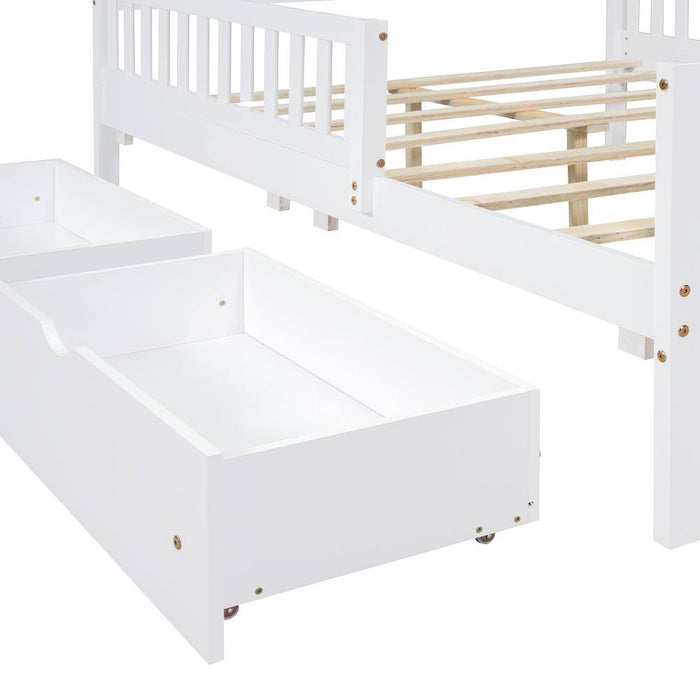 White Wood Frame Full Size Platform Bed with Guardrails on Both Sides and 2-Storage Drawers