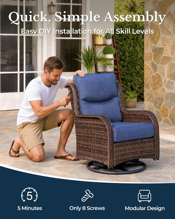 5-Piece Luxury Patio Furniture Set with 6" Thick Cushions, Weather-Resistant Wicker High Back Swivel Rocker Chairs, Senior-Friendly Conversation Set for Small Porch, Deck and Sunroom, Blue(V2)