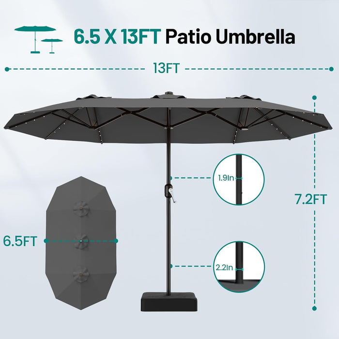13 FT Patio Umbrella with Solar Lights, Double-Sided Outdoor Table Umbrellas with Crank, Large Rectangular Market Umbrella for Porch, Lawn, Pool, Backyard, Gray
