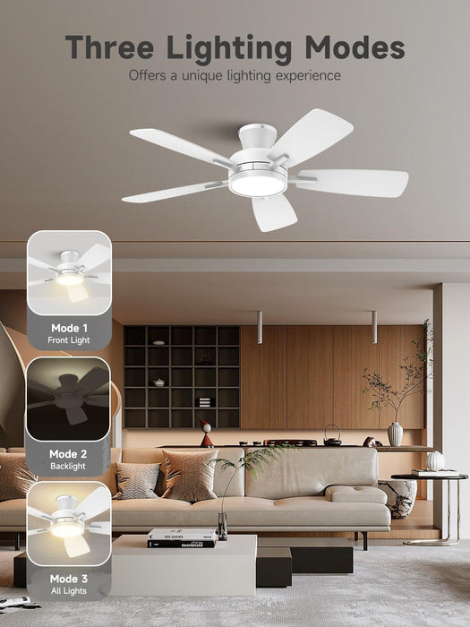 Ceiling Fans with Lights and Remote, 46 Inch Low Profile Ceiling Fan with Light, Flush Mount, Reversible, 3CCT, Dimmable White Modern Ceiling Fan for Bedroom, Living Room, Outdoor Patio