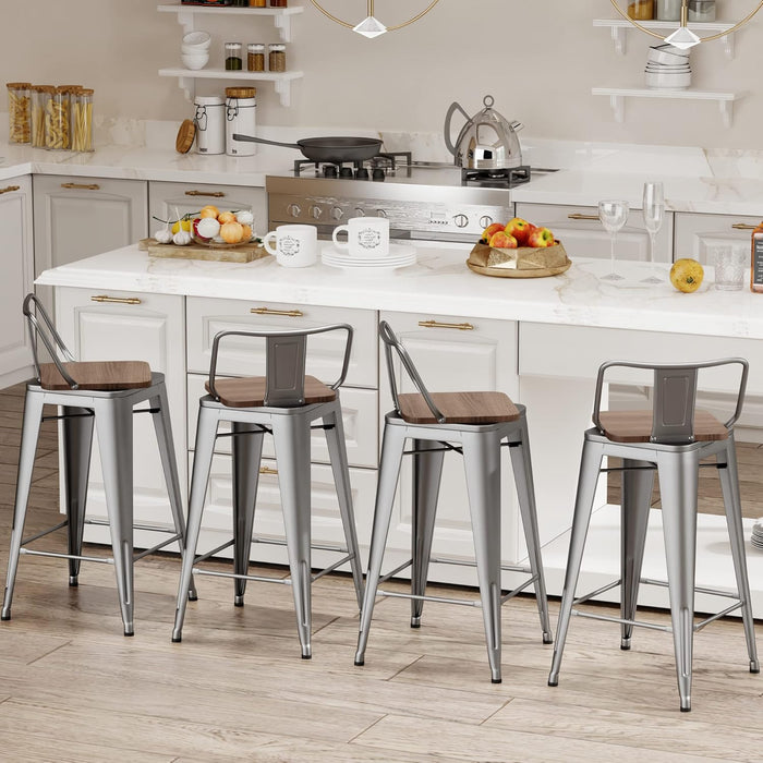 24 Inch Swivel Bar Stools Set of 4 with Backs Counter Height Industrial Barstools for Kitchen Island (Swivel 24 Inch, Silver Wooden)
