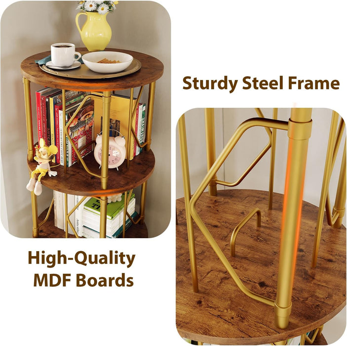 5 Tier Rotating Bookshelf Tower, Revolving Bookcase, 360° round Spinning Book Shelf, Narrow Swivel Bookshelves Vertical Turning Corner Bookshelf Organizer for Bedroom, Living Room, Gold & Brown