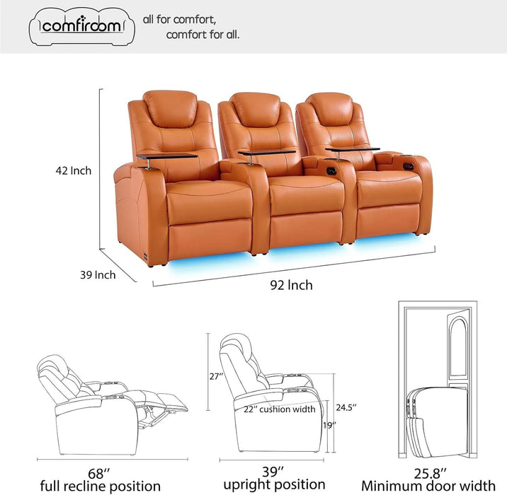 Leather Home Theater Seating, Simple Style Top Grain Leather Game Seats Movie Theater Chairs Recliner Sofa with Type-C USB Charger (Orange, Row of 3)