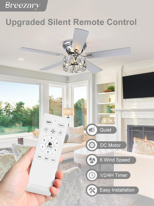 52 Inch Flush Mount Ceiling Fans with Lights Remote Control, 5 Reversible Blades Indoor Low Profile Crystal Lighting Chandelier Ceiling Fans for Bedroom Living Room (Chrome)