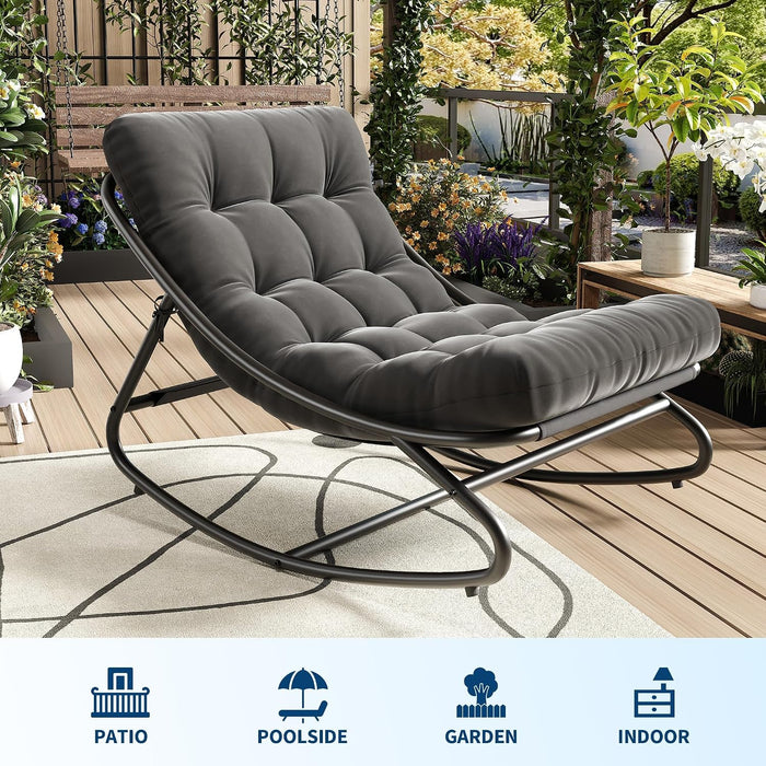 Outdoor Rocking Chair with Metal Frame, Adjustable Papasan Rocker, Waterproof Comfy Cushion, 450Lbs Capacity, for Patio, Porch, Garden, Living Room, Dark Grey