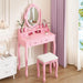 Girls Vanity Desk Set with Mirror and Cushioned Stool, 2 in 1 Pink Makeup Vanity Dressing Table with 4 Drawers for Women and Girls, Bedroom Dorm