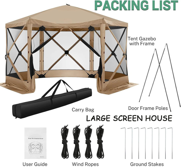 12X12 Pop up Canopy Gazebo, Outdoor Canopy Tent Screen House with 6 Sidewalls and Netting for Camping, Waterproof, UV Resistant, Ez Set-Up Party Tent with Carrying Bag and Ground Stakes,Khaki