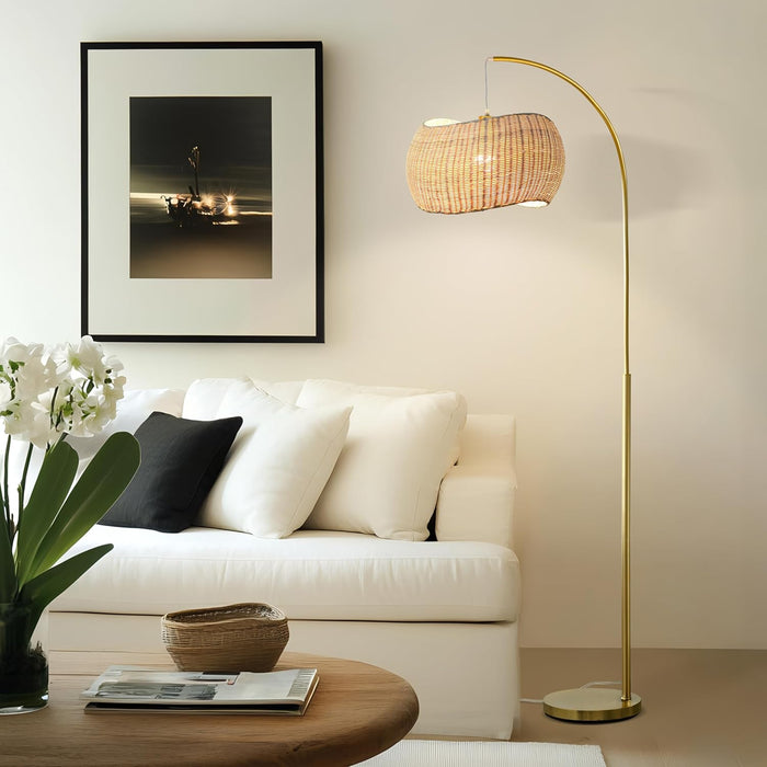 Wave Arc Floor Lamp - Chic Standing Lamp with Unique Hanging Wicker Pendant Shade for Living Room, Boho Rattan Natural Decor Lamp, Arcs over Sofa, Bedroom & Office Desk for Reading - Brass