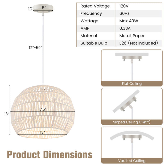 Round Farmhouse Rattan Pendant Lights with Adjustable Hanging Rope