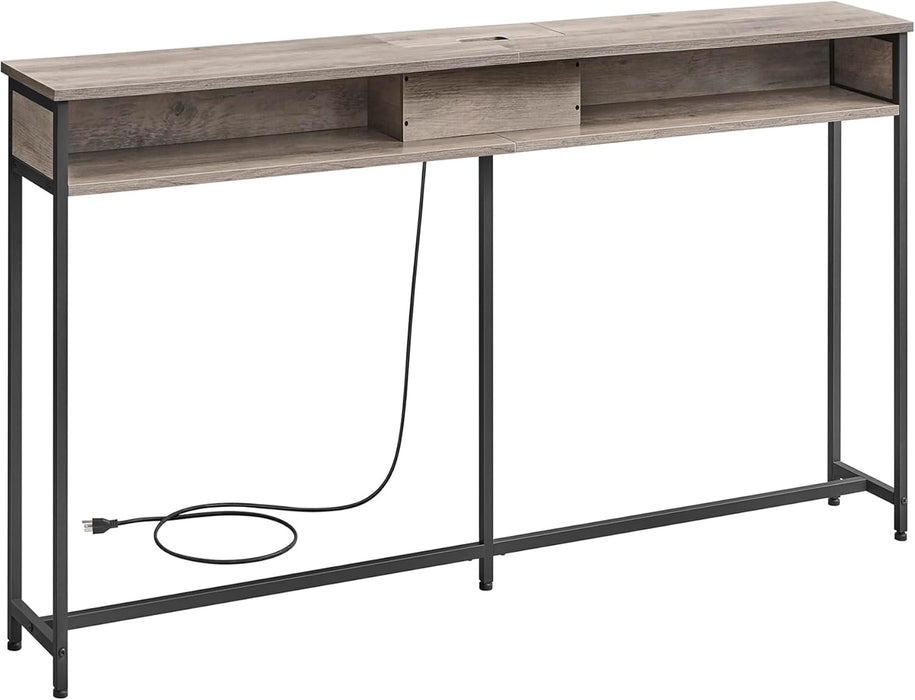 55.1-Inch Console Table with Outlet and Shelves, Sofa Table with Charging Station, behind Couch Table Skinny, Entryway Table for Hallway, Living Room, Heather Greige and Ink Black ULNT120K02