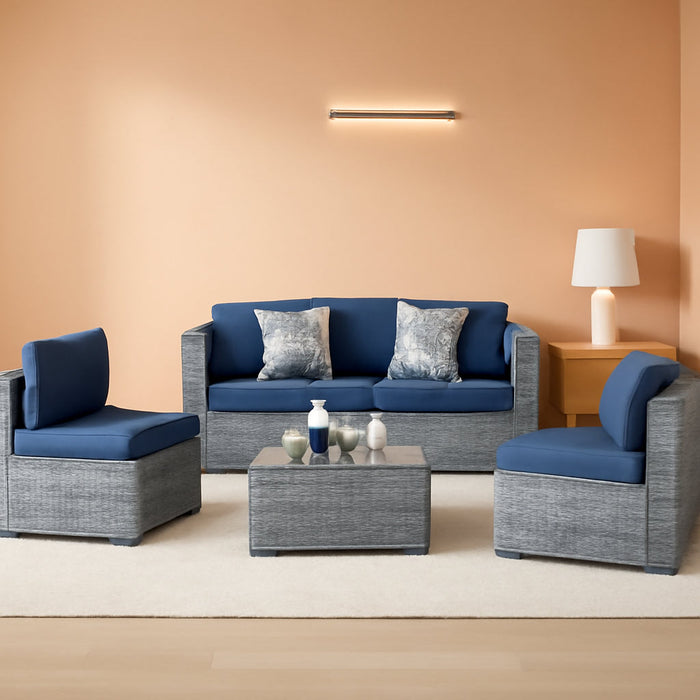 5 Pieces Outdoor Patio Sectional Sofa Couch, Silver Gray PE Wicker Furniture Conversation Sets with Washable Cushions & Glass Coffee Table for Garden, Poolside, Backyard (Aegean Blue)