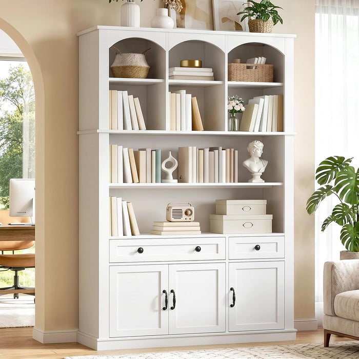 73.2" Tall Farmhouse Arched Bookshelf with Drawer and Door, 6 Tier Mid Century Modern Book Shelf and Bookcase with Storage, Floor Standing Display Cabinet for Living Room, Home Office, White