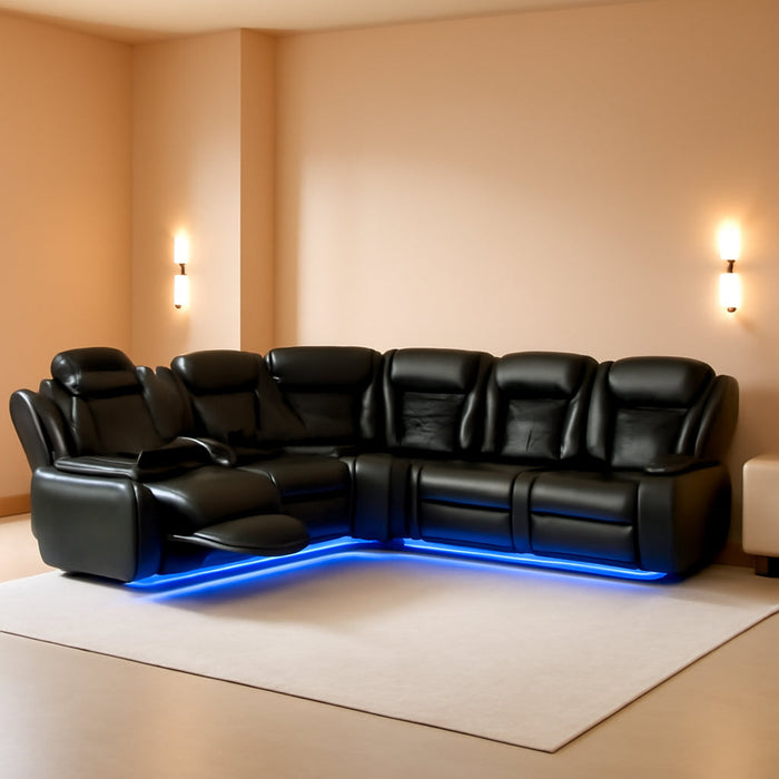 Power Reclining Sectional Sofa for Living Room,Modern L-Shaped Black Air Leather Sectional Couch Set,Recliner Sofa Set,With LED Lights,Cup Holder,Storage,Charging Ports,Home Theater Seat
