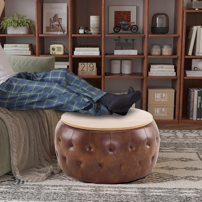 25 Inches Large round Storage Ottoman, Modern Upholstered Ottoman Coffee Table, Wooden Top, Soft Faxu Leather Surface, for Living Room, Bedroom, Classic Tufting, Brown