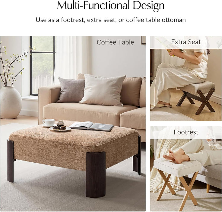 Ottoman Coffee Table, 40 Inch Large Modern Square Ottoman, Multi-Functional Chenille Footrest Stool with Solid Wood Legs, Quick Assembly, Sand