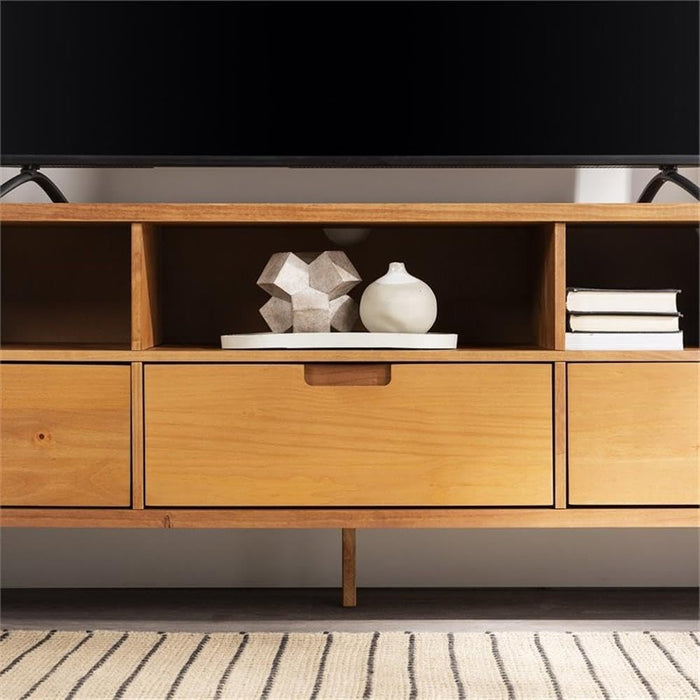 Millie Mid Century Modern 3 Drawer Solid Wood Low TV Stand for Tvs up to 80 Inches 70 Inch Caramel
