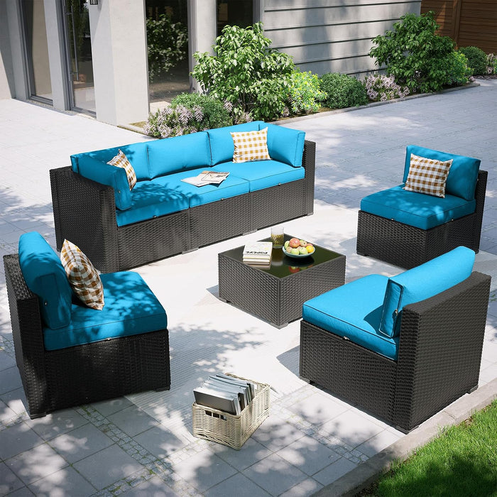 Patio Furniture Set, 7 Piece Outdoor Sectional Sofas with Waterproof Cover, Wicker Rattan Outdoor Furniture Patio Conversation Set for Backyard, Garden Peacock Blue