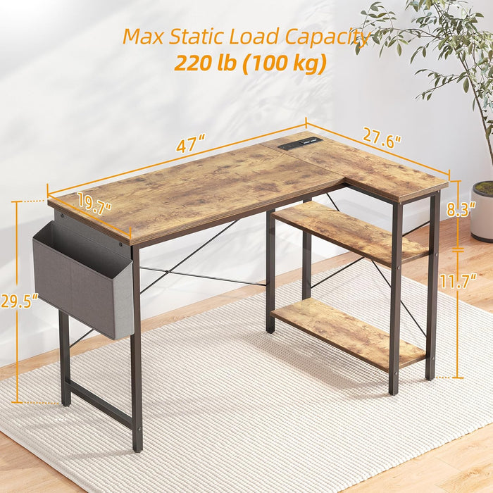 L Shaped Computer Desk with Power Outlets, 47 Inch Small Corner Desk with Reversible Shelves, Gaming Desk Computer Table Study Writing Desk for Home Office Small Space, Rustic Brown