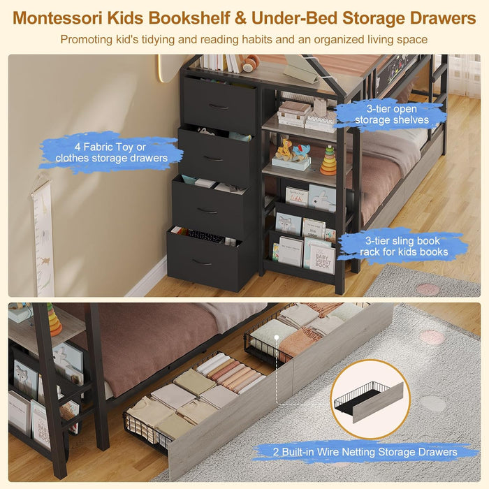 Bunk Bed Twin over Twin with Storage Drawers and Globe String Lights House Shaped Low Bunk Bed with Montessori Bookshelf Metal Bunk Beds for Kids with Ladder and Guardrail,Space Saving, Black