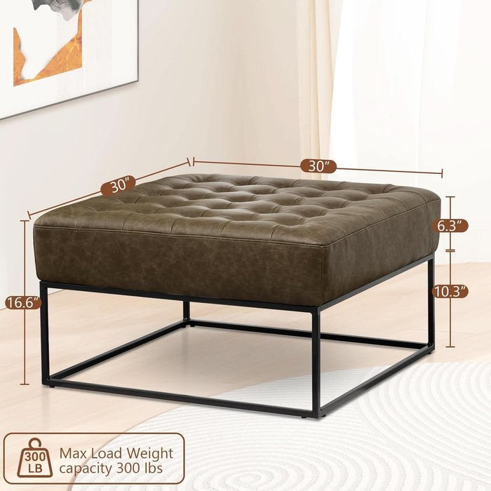 Modern Genuine Leather Square Coffee Table, 30'' Farmhouse Ottoman for Living Room, Large Vintage Genuine Leather Coffee Tables with Leather Upholstered Padded Seat Olive Green