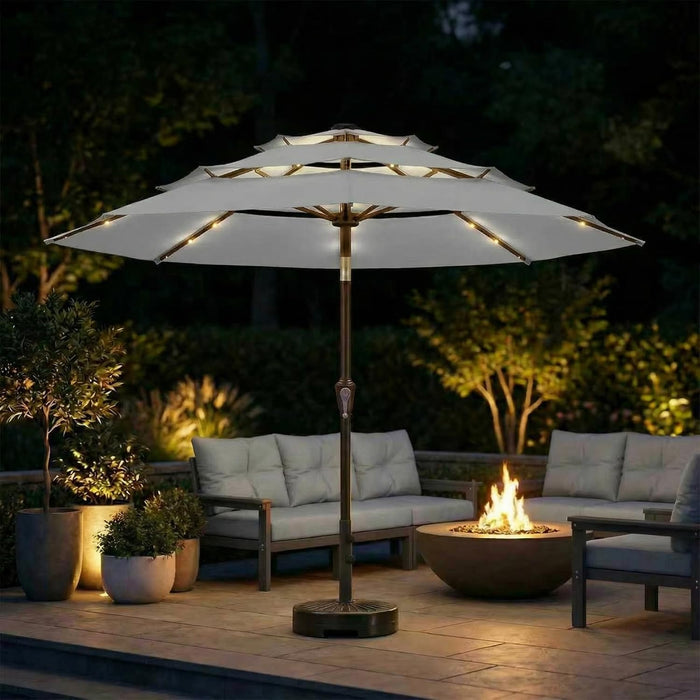 10FT Patio Umbrella 3 Tiers Outdoor Market Umbrella with 32 Solar Powered LED Lights, Windproof Outdoor Market Umbrella for Deck, Poolside & Garden, Sturdy Push-Button Tilt Table Umbrella, Light Gray