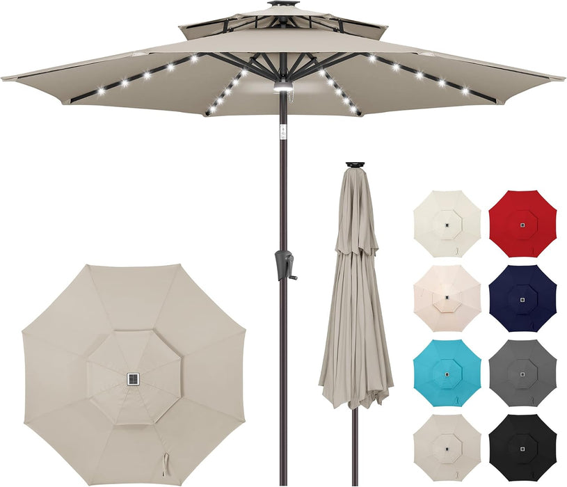 Solar Patio Umbrella Outdoor with Centre Light, 9 Ft Taupe