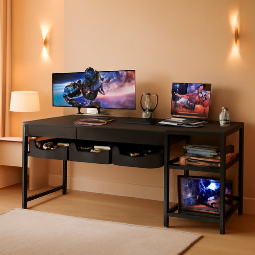 53 Inch L Shaped Computer Desk with Drawers, Corner Desk with Power Outlets & Reversible Storage Shelves, Movable CPU Stand for Home Office Gaming, Black