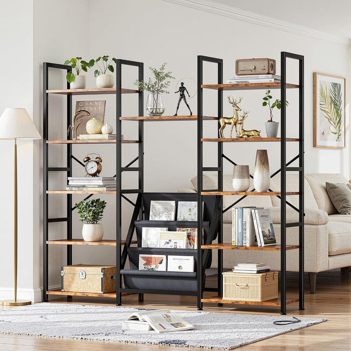 Triple 5 Tier Bookshelf with 11 Open Display Shelves and 3 Fabric Bags, Book Shelves with Metal Frame for Home Office, Bedroom, Rustic Brown