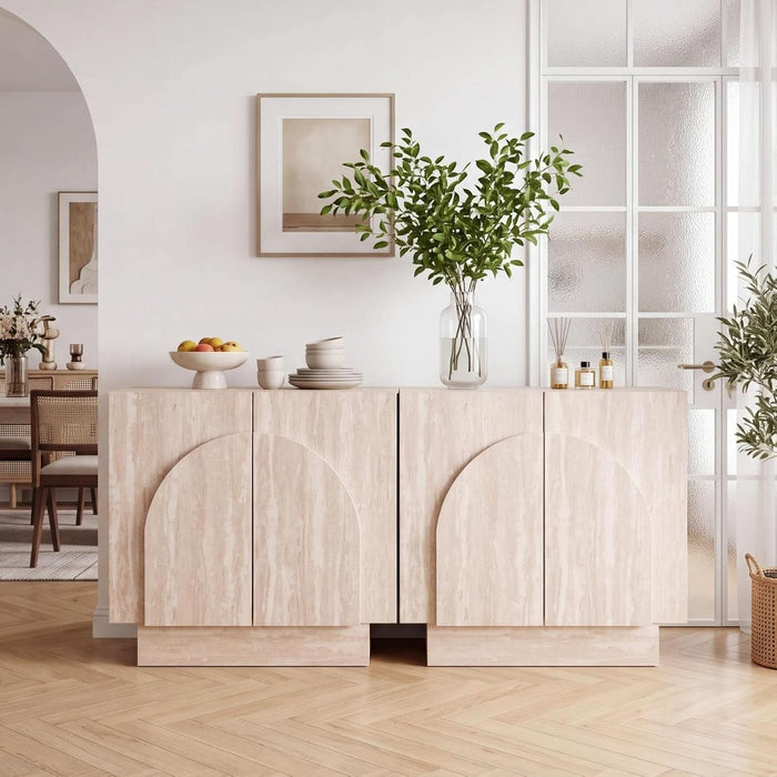 Buffet Cabinet with Storage, 31.5” Modern Sideboard Cabinet with Arched Doors & Shlef, Farmhouse Accent Media Console Credenza for Living Room/Dining/Kitchen/Entrayway, Travertine