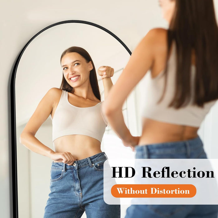 Black Arched Full Length Mirror 60"X16" for Bedroom, Full Body Mirror with Stand, Hanging or Leaning for Wall, Aluminum Alloy Thin Frame Floor Standing for Living Room