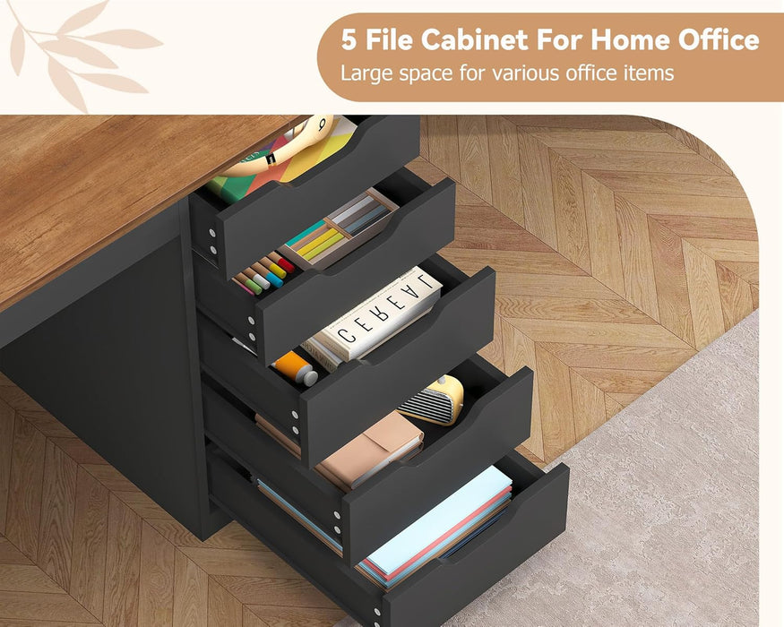 2 Person Desk with 5 Drawers and Power Outlets, 78.7 Inch Long Computer Desk with Storage File Cabinet, Two Person Home Office Double Desk with Storage, Brown and Black