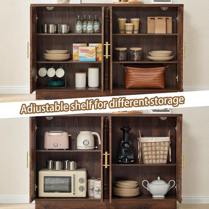 Modern Sideboard Buffet Cabinet with Storage, Walnut | Fluted Coffee Bar Cabinet with 4 Doors & Adjustable Shelves for Kitchen, Dining Room, Living Room & Hallway