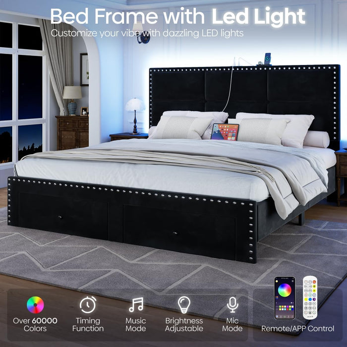 Queen Bed Frame with 2 Storage Drawers, Wooden Slats Support, Velvet Upholstered Platform Bed Frame Queen Size with Charging Station, Noise-Free, Easy Assembly, No Box Spring Needed, Black