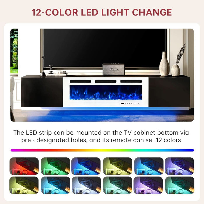 80" Floating TV Stand with 40" Electric Fireplace, Modern Entertainment Center with Storage, Adjustable 12-Color LED Lights, Fire Place TV Console for Living Room, Black+White