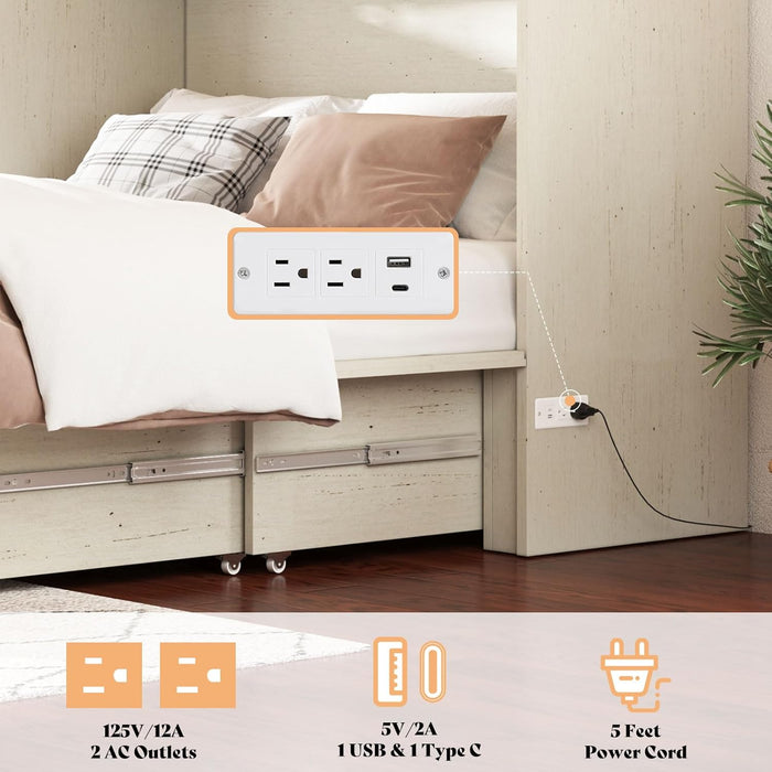 Queen Murphy Bed Cabinet with 6" Tri-Fold Memory Foam Mattress, Storage Drawer & Charging Station, Space-Saving Guest Bed for Home Office, Distressed White